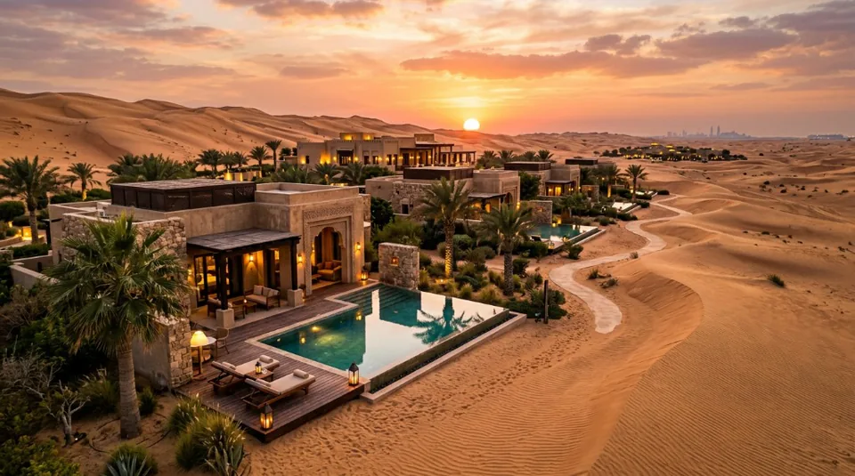 A luxurious desert villa in Abu Dhabi with an infinity pool overlooking vast orange sand dunes at sunrise