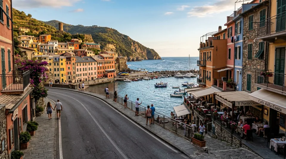 A charming road winding through a colorful coastal village on Italy