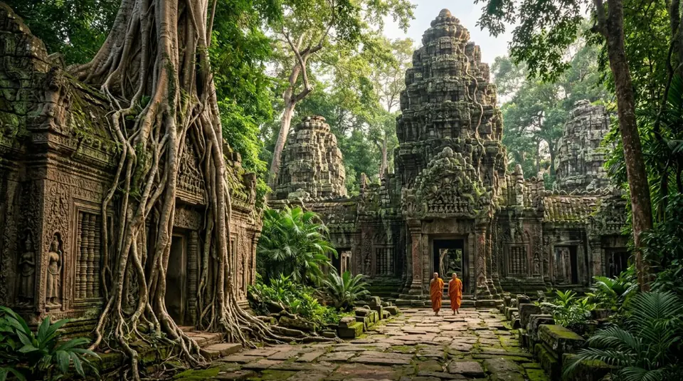 The ruins of Ta Prohm temple in Cambodia, with massive ancient tree roots growing over and through the intricate stone carvings