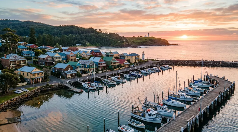 A picturesque Australian coastal harbor bathed in a vibrant, golden sunset with fishing boats resting peacefully