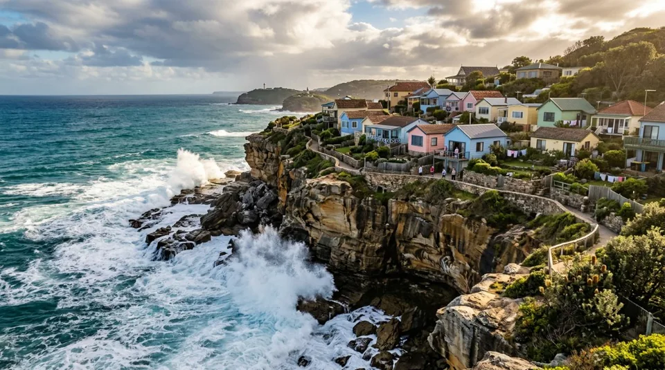 Colorful houses perched precariously on dramatic oceanic cliffs overlooking the fierce, crashing waves of the Australian coast