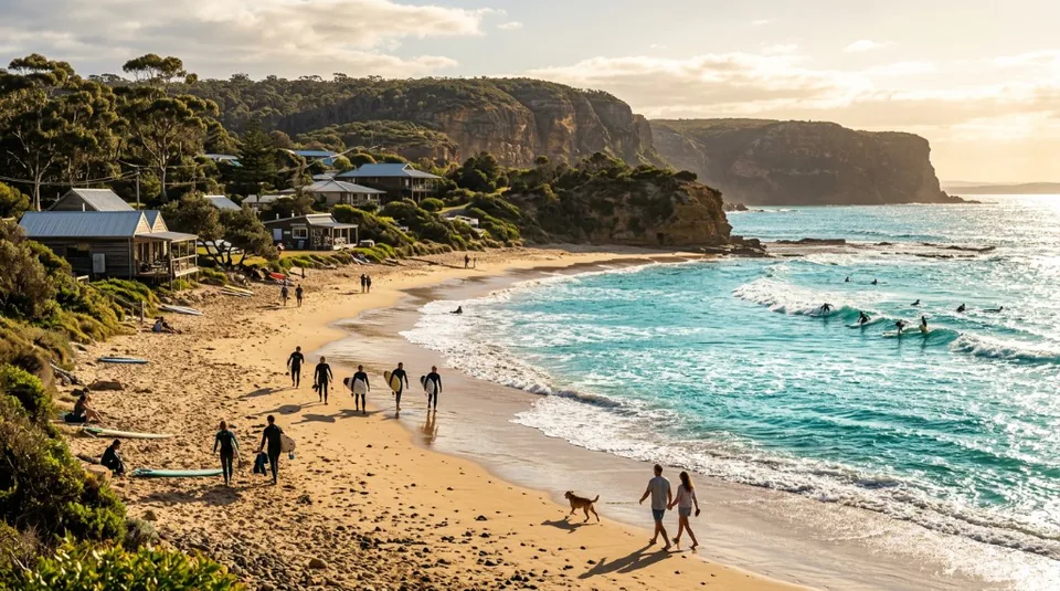 Silhouettes of surfers and beachgoers enjoying a vast, pristine Australian sandy beach at sunset