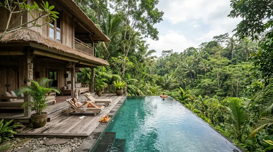 A secluded luxury villa in the heart of the Bali jungle, featuring a private infinity pool overlooking a lush tropical valley in Ubud