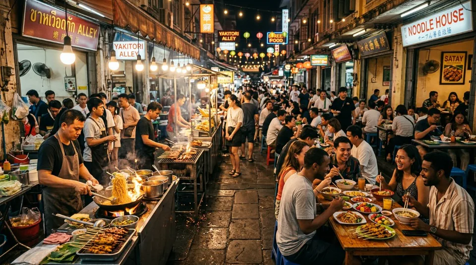 A bustling street food alley in Bangkok, Thailand with vendors cooking over open flames and diners at long wooden tables