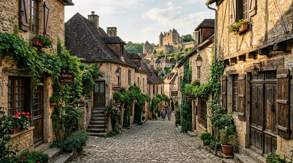 A picturesque stone street in a historical French village, with a massive medieval castle looming in the background under a soft morning sky