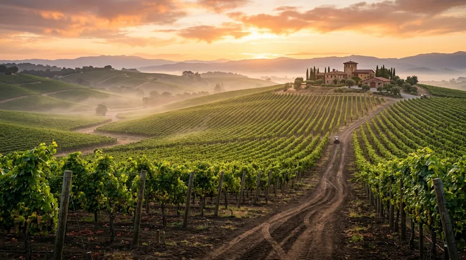 Rolling vineyard hills in Bordeaux at sunset, with a grand historic villa overlooking perfectly aligned rows of vines
