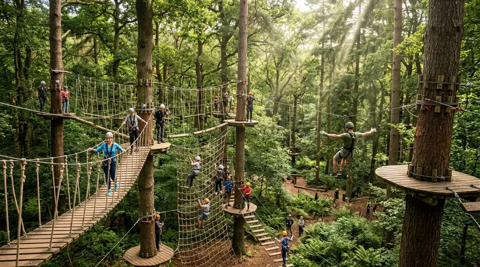 A series of suspension bridges and rope walkways high in the forest canopy, with several people in harnesses navigating the course