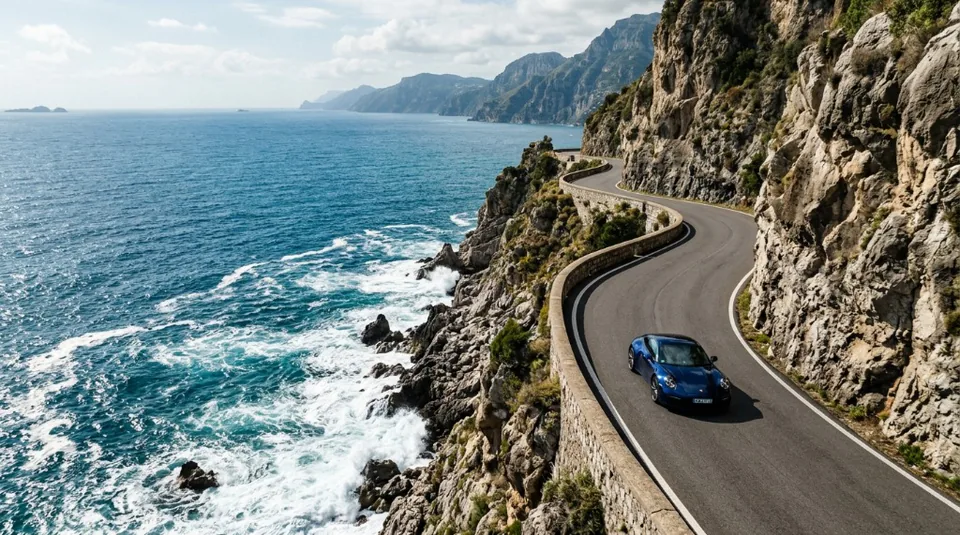 A modern blue sports car navigating the spectacular winding cliffside turns of Chapman