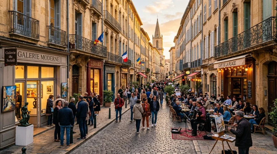A charming European cobblestone street lined with art galleries, small workshops, and outdoor cafes under a soft sunset sky