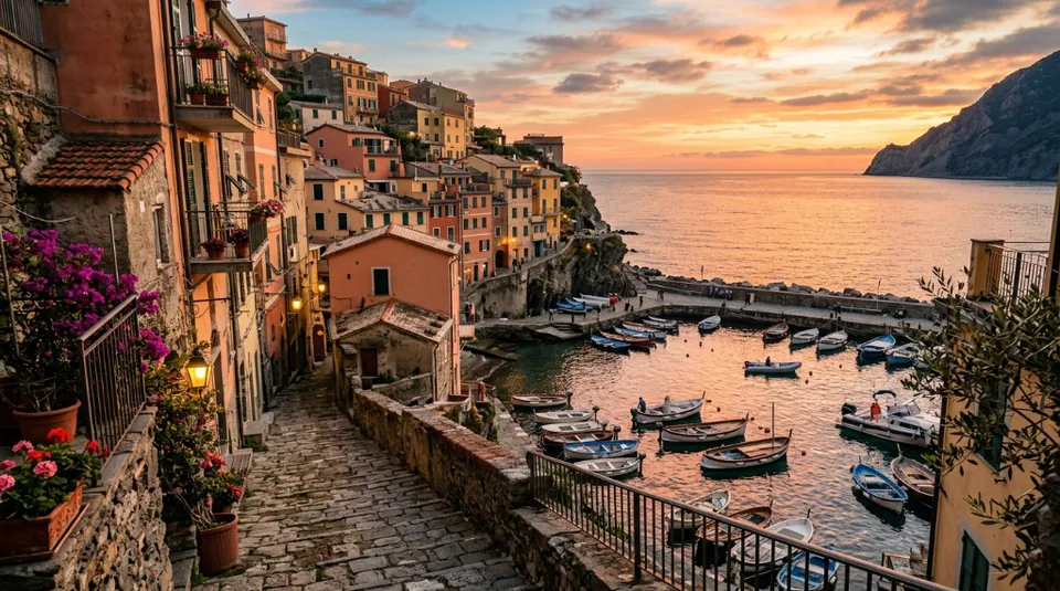 A vibrant coastal fishing village bathed in the warmly glowing light of a spectacular Mediterranean sunset