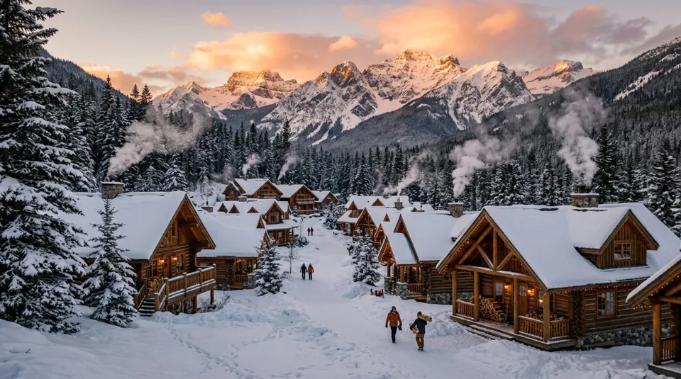 A row of cozy log cabins with smoke rising from chimneys, nestled in a deep forest under a soft winter snowfall