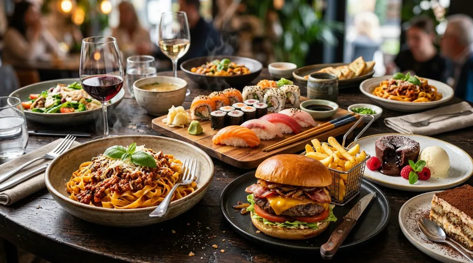 Another delicious spread of global cuisine featuring pasta, burgers, sushi, dessert, and wine on a rustic wooden table