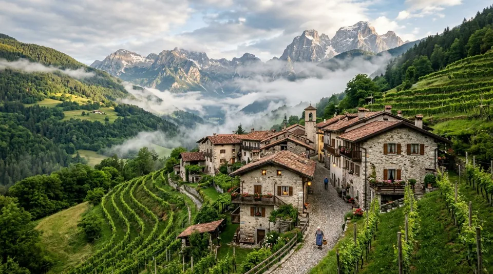 A breathtaking village nestled among the towering peaks of the Dolomite mountains surrounded by lush vineyards