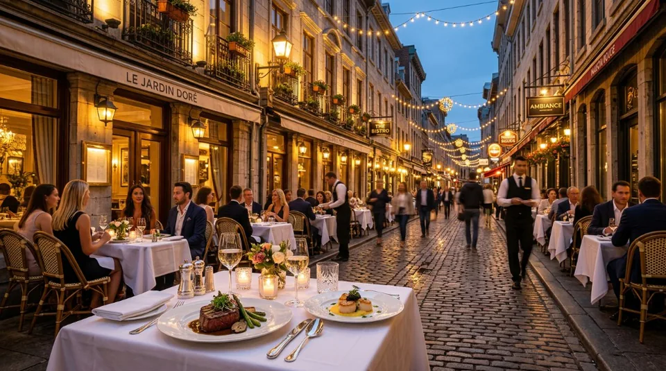 Elegant outdoor dining on a European cobblestone street with white tablecloths, string lights, and historic buildings in the evening