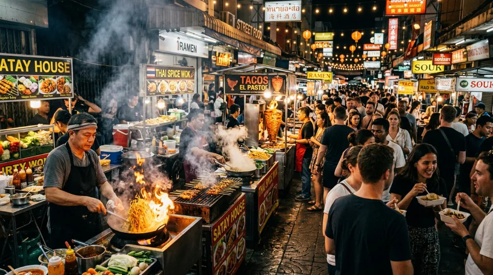 A high-energy night market scene with a chef stir-frying noodles over a roaring flame at a street food stall surrounded by crowds