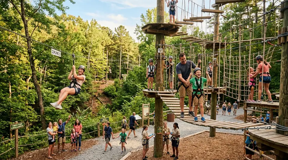A family enjoying a high-wire adventure park featuring wooden platforms, rope courses, and suspension bridges in a sunny forest
