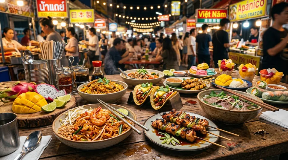 A wide variety of global culinary delights including tropical dragon fruit, mangoes, tacos, and bowls of pho on a wooden market display