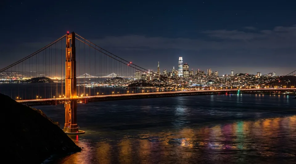 A spectacular night view of the Golden Gate Bridge towers illuminated in orange with the San Francisco city lights glowing in the distance