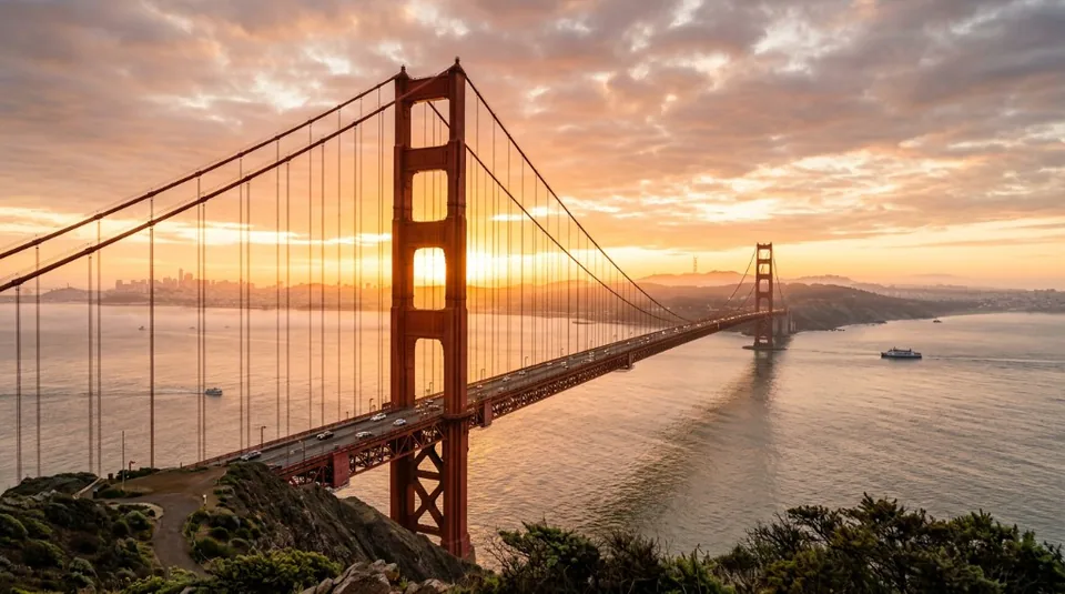 The Golden Gate Bridge at sunset during a magnificent golden hour with soft clouds and a warm glow over the San Francisco Bay
