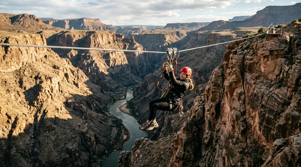 A person ziplining over a massive desert canyon with a river winding far below through the rugged rock formations