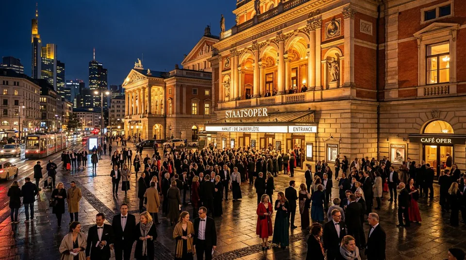 A grand historic opera house brilliantly illuminated at night with a large crowd in formal attire gathered outside for a performance