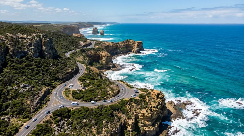 An aerial view of the Great Ocean Road in Australia winding spectacularly along the rugged cliffs with turquoise ocean waves crashing below