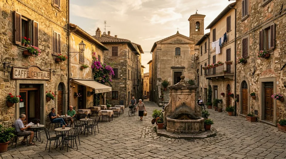 A quiet, historic Italian village square with ancient stone architecture bathed in sunset light