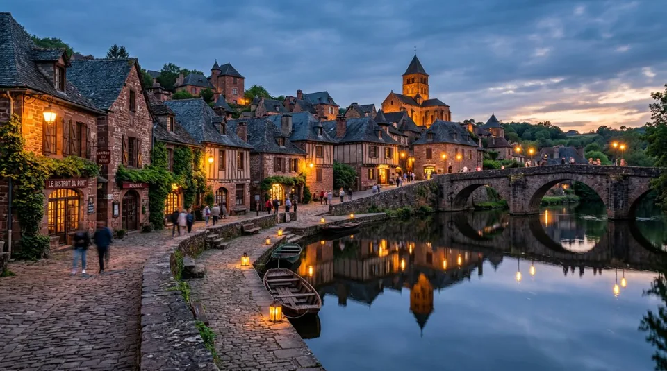 A charming historical French village with a medieval stone bridge reflecting perfectly in the calm waters of a local river