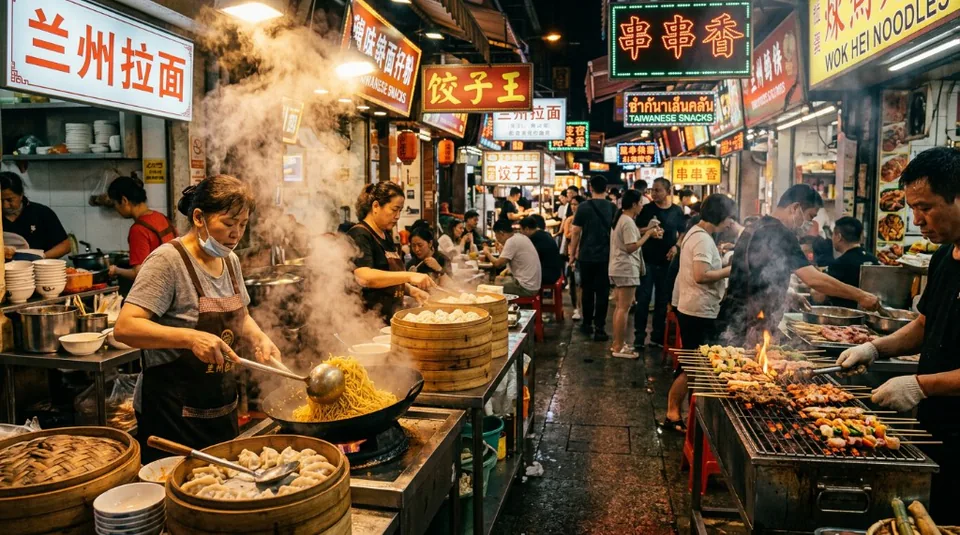 A busy Asian night market stall with steam rising from bamboo baskets filled with fresh dumplings and large woks of noodles