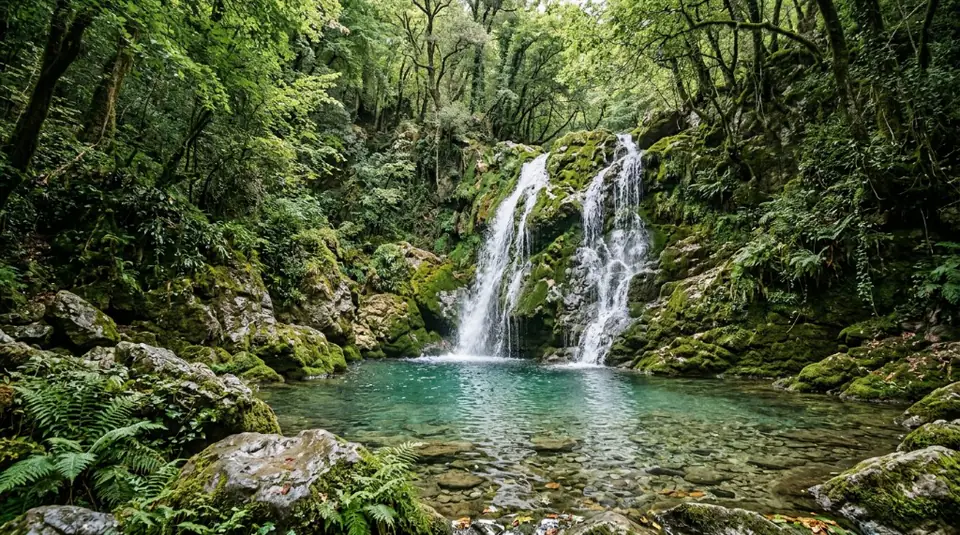 A serene hidden waterfall surrounded by lush, vibrant green foliage and pristine nature