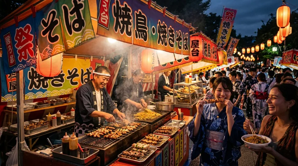 Traditional Japanese street food vendors preparing snacks under festival tents