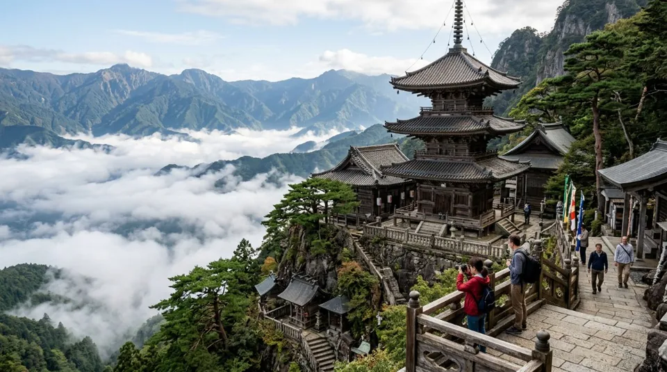 A centuries-old Japanese temple perched on a steep mountain ridge, surrounded by swirling mist and deep green forest