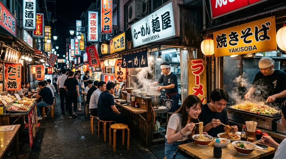 A vibrant spread of Japanese street food at a lively festival stall