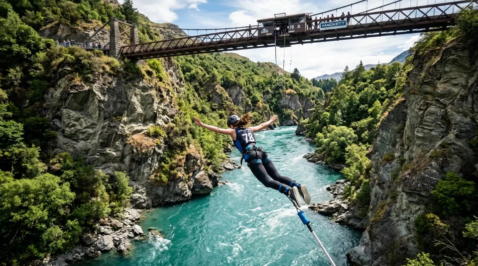 A thrill-seeker leaping from the historic Kawarau Bridge Bungee in Queenstown, the world