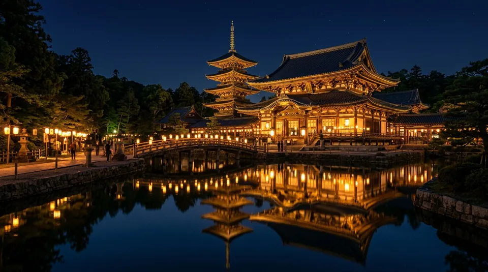 A stunning Japanese temple and wooden pagoda illuminated at night, perfectly reflected in the still water of a surrounding pond in Kyoto