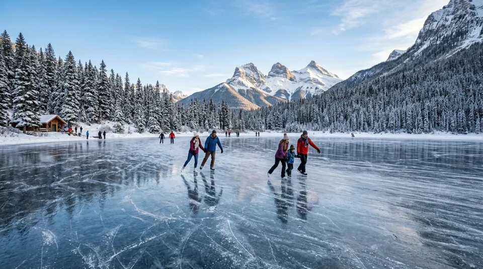 A family joyfully ice skating on the frozen, turquoise-tinged waters of Lake Louise in Banff National Park