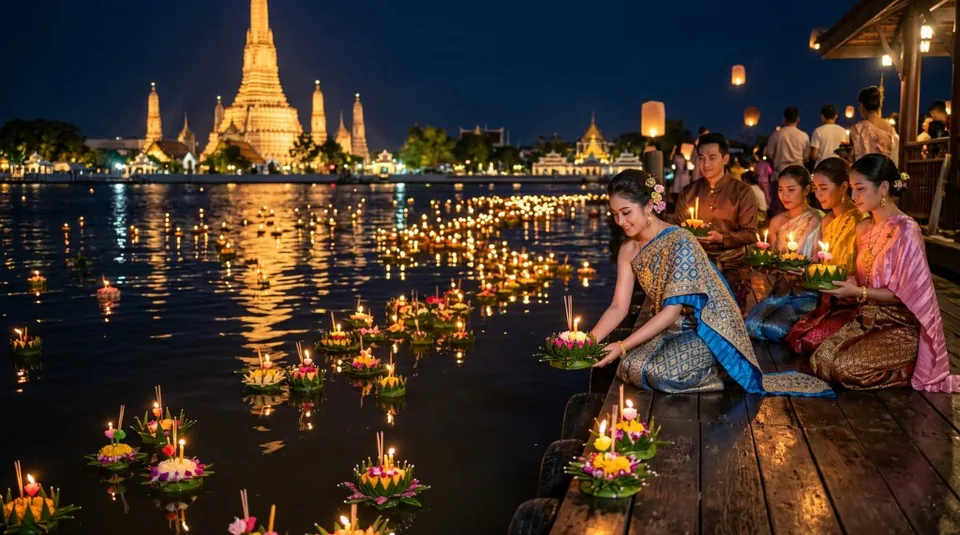 A serene Loy Krathong scene with traditional Thai women launching glowing floral floats onto a river reflecting illuminated temples