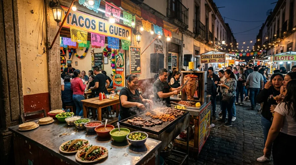 A legendary taco stand in Mexico City (Tacos El Guero) with meat sizzling on a griddle and locals gathering for a late-night meal