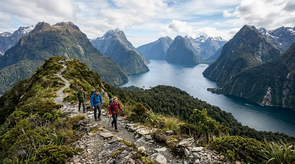 Hikers trekking along a scenic ridgeline with spectacular views of Milford Sound and the towering peaks of Fiordland National Park