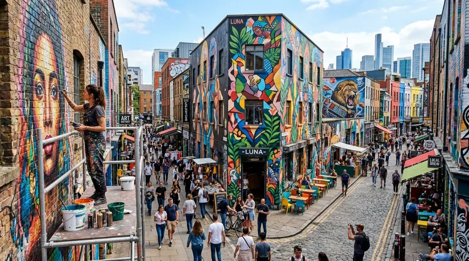 A vibrant modern city street with buildings covered in large colorful murals and street art, with crowds of people walking below