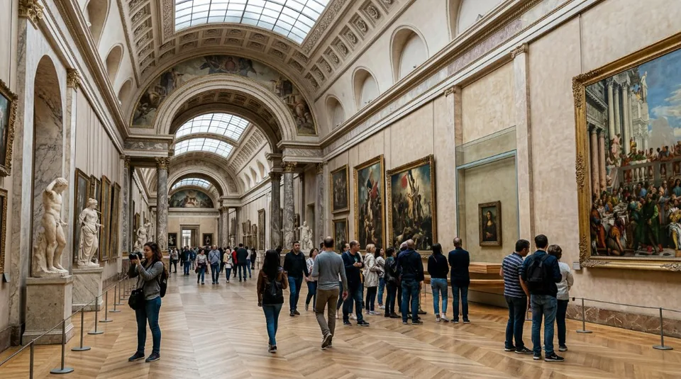 A large crowd of tourists gathered in a gallery at the Louvre Museum to view the famous Mona Lisa painting protected by glass