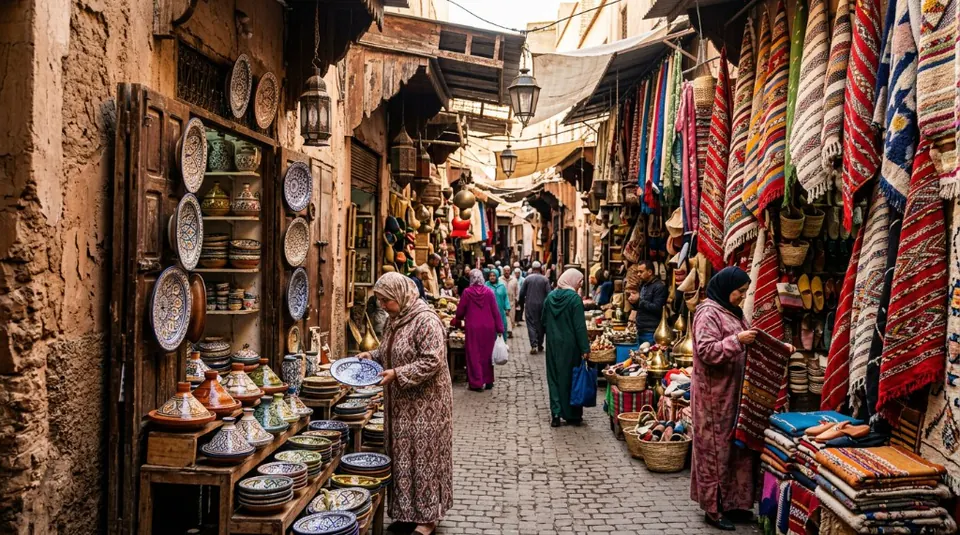 A bustling traditional souk alley extensively decorated with incredibly intricate, hand-painted Moroccan plates and vibrant tagine ceramics
