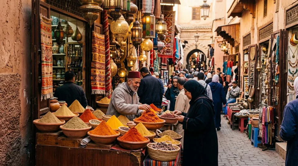 A wildly colorful Moroccan spice market featuring towering perfect pyramids of saffron, turmeric, cumin, and paprika