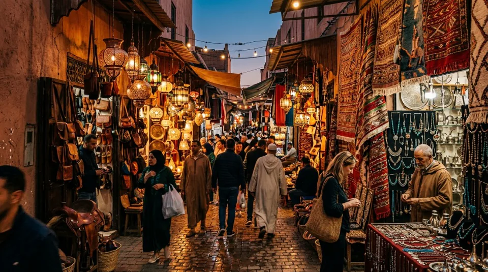 A vividly colorful Moroccan market alleyway heavily lined with luxurious hand-tooled leather bags and ornate, glowing brass lamps