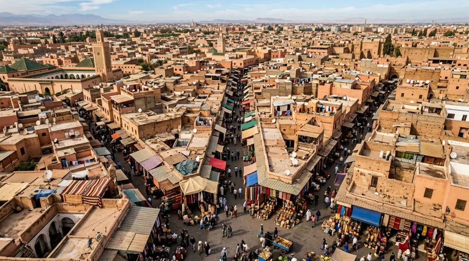 A breathtaking aerial view of a sprawling Moroccan Medina market with colorful awnings and bustling alleyways