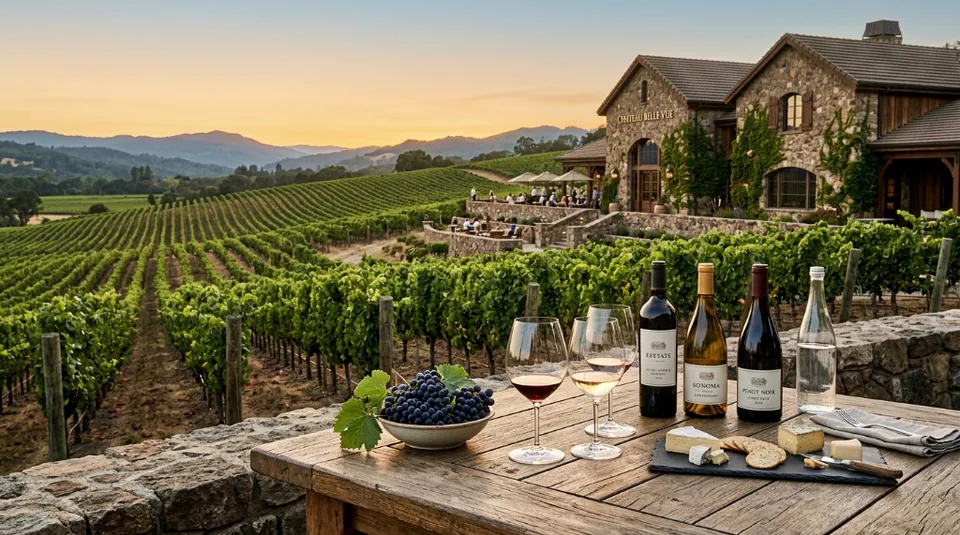An elegant wine tasting setup on a stone terrace overlooking rows of vineyards at a prestige Napa Valley estate at sunset