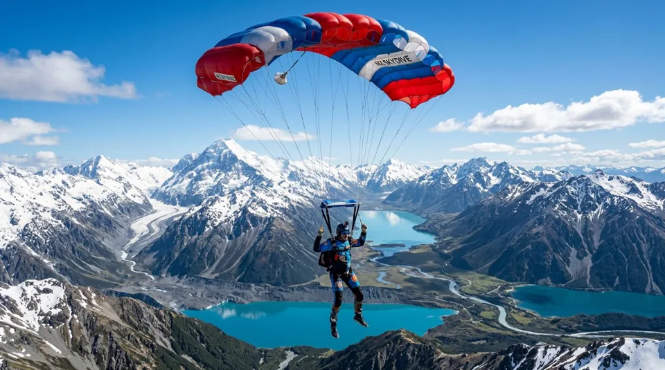 A skydiver descending under a vibrant parachute with breathtaking views of the Southern Alps and turquoise lakes in New Zealand