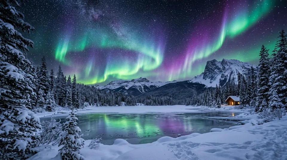 The ethereal green and purple ribbons of the Northern Lights dancing across a star-studded sky over a frozen lake in the Yukon