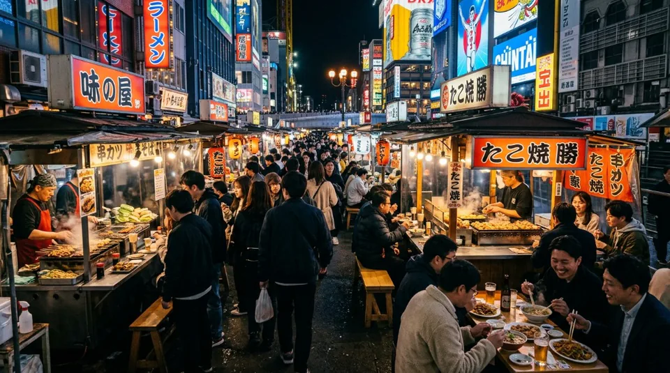 A vibrant night market in Osaka, Japan with glowing neon signs, busy food stalls, and people enjoying street food