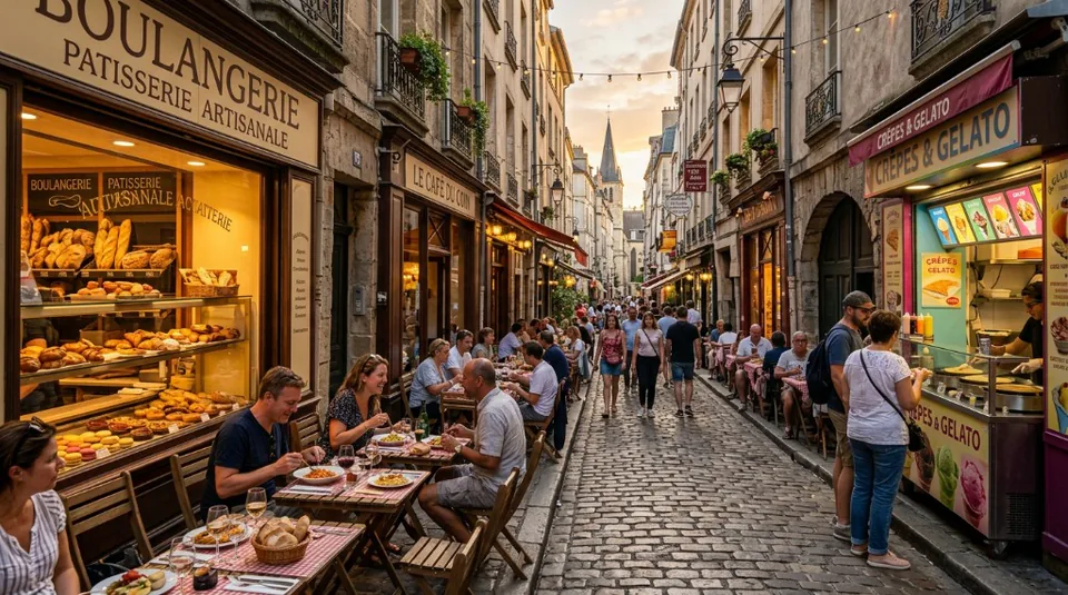A picturesque Parisian street with a famous boulangerie and people enjoying fresh crepes and gelato at a sidewalk stand